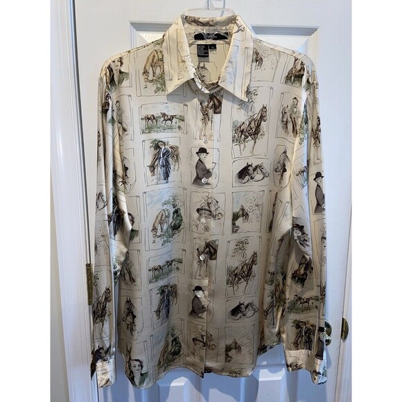 Vintage Ishyu Shirt Womens 12 Cream Silk Equestrian Horse Print Button Front 90s - Picture 3 of 15